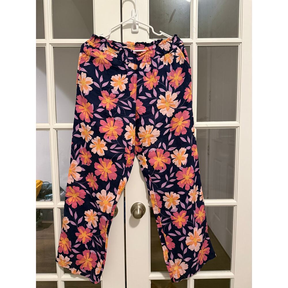 Charter Club Linen Floral Pants Womens Small Navy Pink Elastic Waist Wide Leg